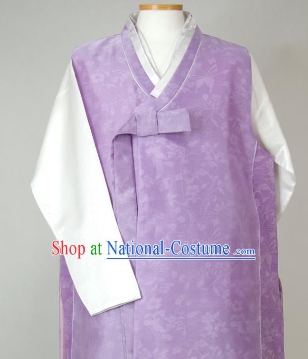 Korean Young Male Hanbok Violet Long Vest White Shirt and Navy Pants Traditional Costumes Korea Classical Wedding Bridegroom Clothing