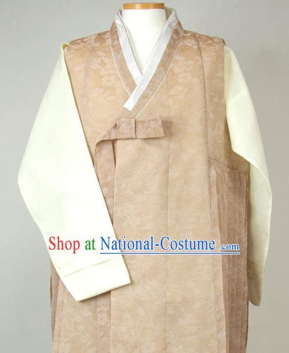 Korea Classical Wedding Bridegroom Clothing Korean Young Male Hanbok Khaki Long Vest Beige Shirt and Grey Pants Traditional Costumes