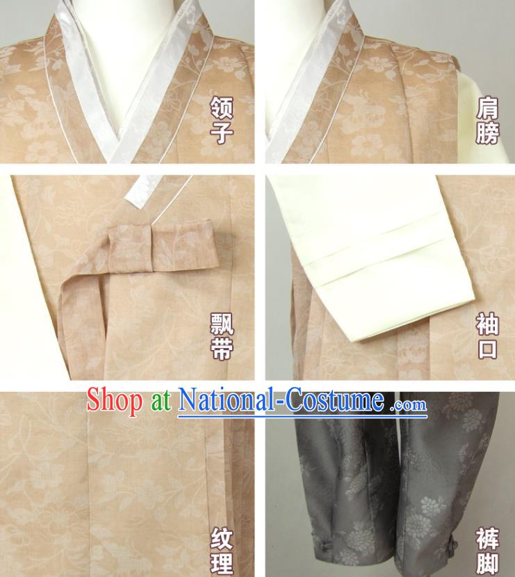 Korea Classical Wedding Bridegroom Clothing Korean Young Male Hanbok Khaki Long Vest Beige Shirt and Grey Pants Traditional Costumes