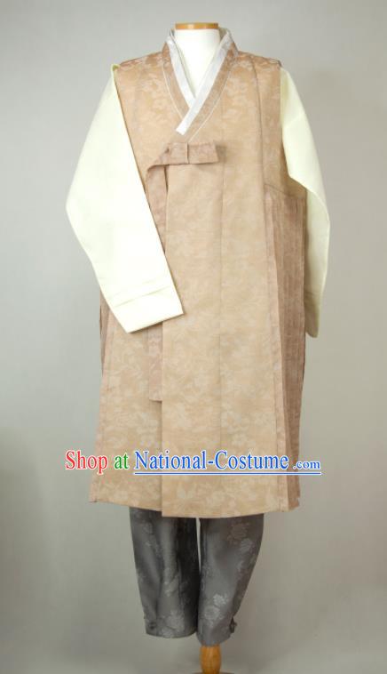 Korea Classical Wedding Bridegroom Clothing Korean Young Male Hanbok Khaki Long Vest Beige Shirt and Grey Pants Traditional Costumes