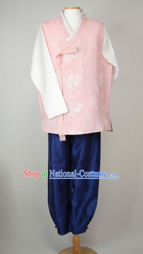 Korea Traditional Costumes Classical Wedding Bridegroom Clothing Korean Hanbok Young Male Pink Vest White Shirt and Navy Pants