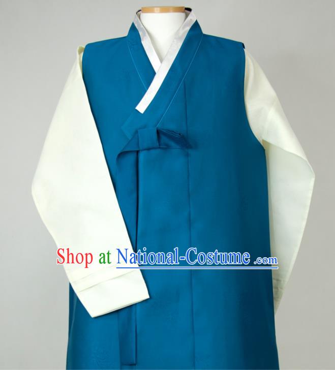 Korea Young Male Blue Long Vest White Shirt and Grey Pants Traditional Costumes Classical Wedding Bridegroom Clothing Korean Hanbok