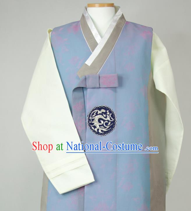 Korean Hanbok Young Male Blue Long Vest Beige Shirt and Grey Pants Traditional Costumes Korea Classical Wedding Bridegroom Clothing