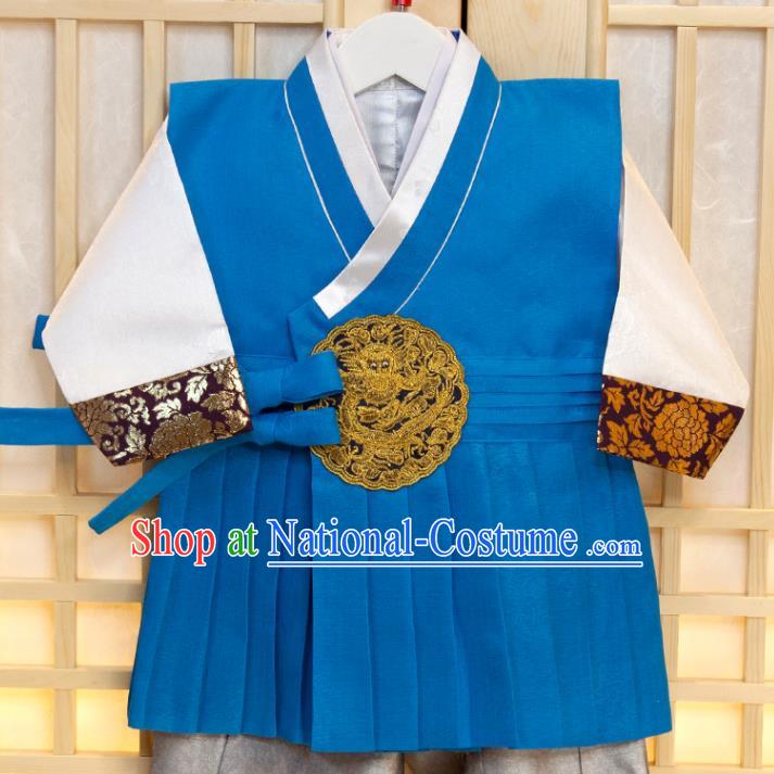 Korea Boys Prince Birthday Fashion Children Blue Vest White Shirt and Grey Pants Traditional Garment Costumes Korean Hanbok Clothing