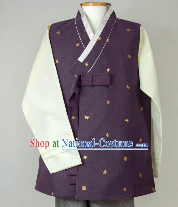 Korea Young Man Purple Vest Beige Shirt and Grey Pants Korean Traditional Festival Costumes Bridegroom Clothing Wedding Hanbok