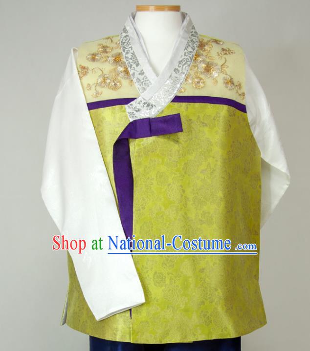 Korea Bridegroom Clothing Wedding Hanbok Young Man Yellow Shirt and Navy Pants Korean Traditional Festival Costumes