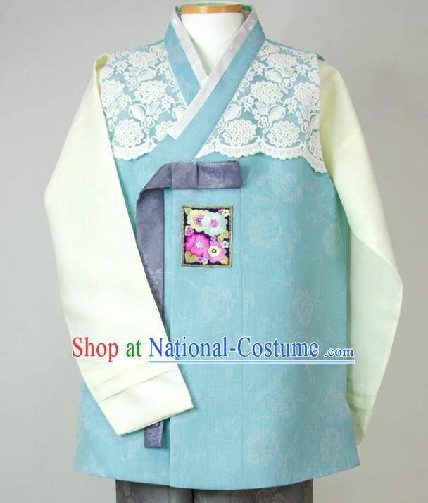 Korean Wedding Hanbok Young Man Blue Vest Beige Shirt and Grey Pants Traditional Festival Costumes Korea Bridegroom Clothing