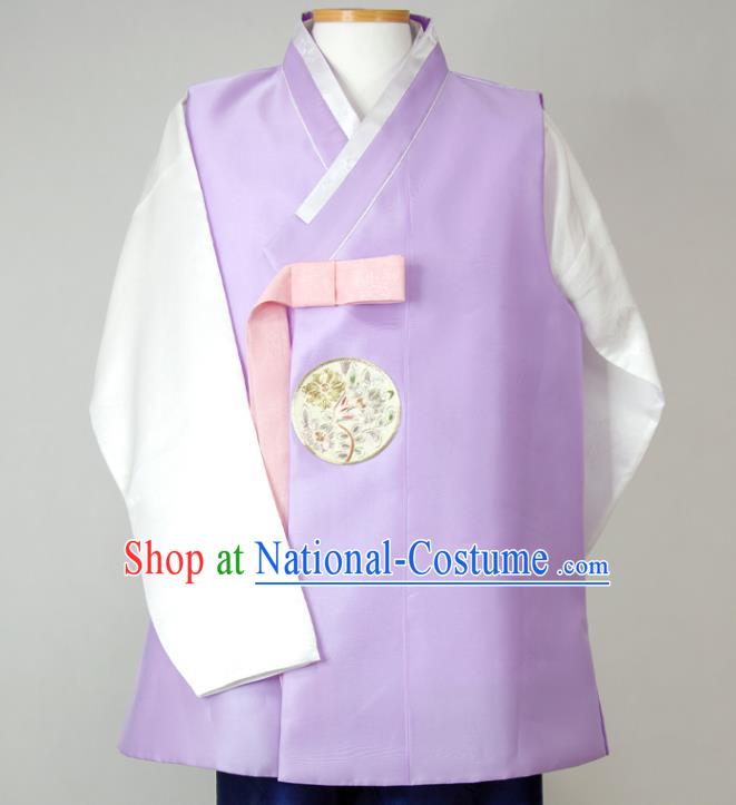 Korea Bridegroom Clothing Korean Wedding Hanbok Young Man Lilac Vest White Shirt and Navy Pants Traditional Festival Costumes