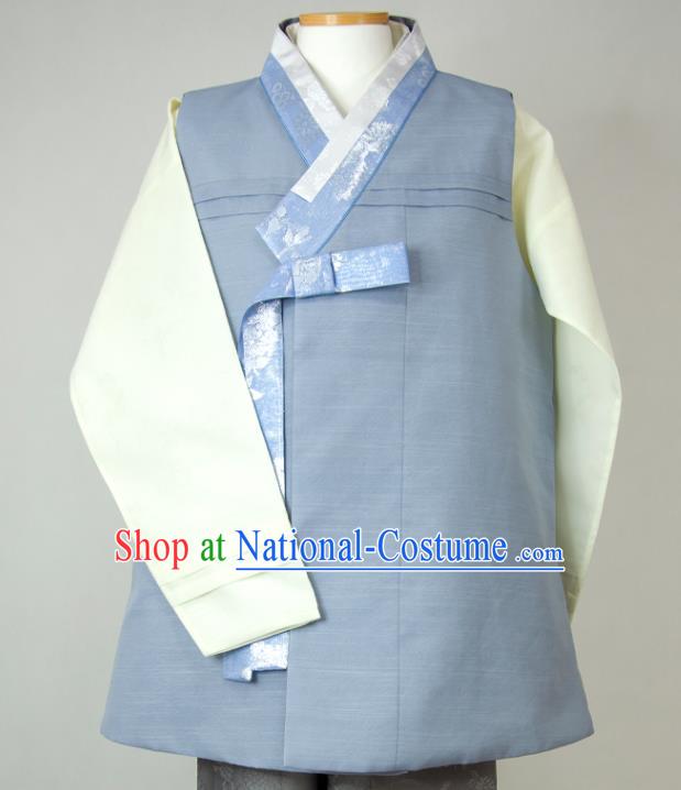 Korea Traditional Festival Costumes Bridegroom Clothing Korean Wedding Hanbok Young Man Blue Vest Beige Shirt and Grey Pants