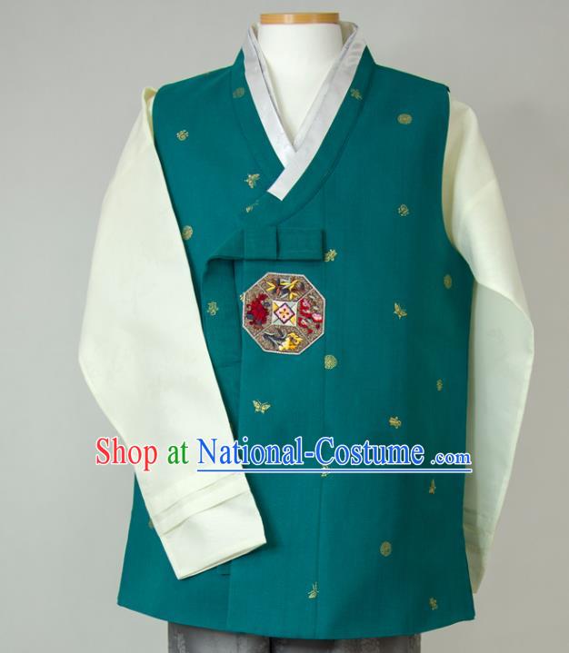 Korean Festival Clothing Wedding Hanbok Korea Young Man Green Vest Beige Shirt and Grey Pants Traditional Bridegroom Costumes