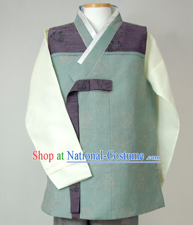 Korea Young Man Green Vest Beige Shirt and Grey Pants Korean Traditional Bridegroom Costumes Festival Clothing Wedding Hanbok