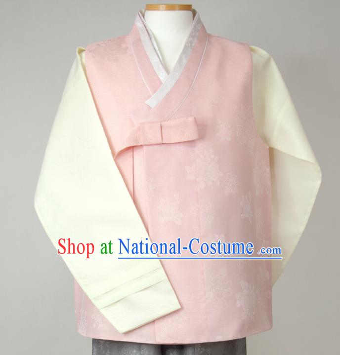 Korea Festival Clothing Wedding Hanbok Young Man Pink Vest Beige Shirt and Grey Pants Korean Traditional Bridegroom Costumes