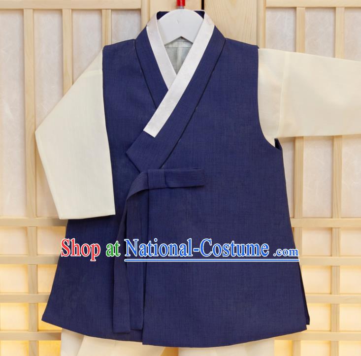 Korean Traditional Garment Costumes Hanbok Clothing Korea Boys Prince Fashion Children Festival Navy Vest Beige Shirt and Pants