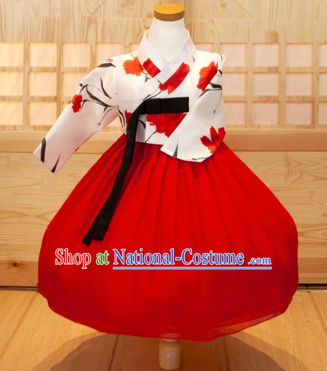 Korea Traditional Garment Costumes Children Hanbok Clothing Korean Princess Fashion Girl Festival Printing White Shirt and Red Dress