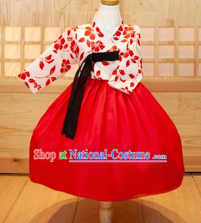 Korea Girl Festival Printing White Shirt and Red Dress Traditional Garment Costumes Children Hanbok Clothing Korean Princess Fashion