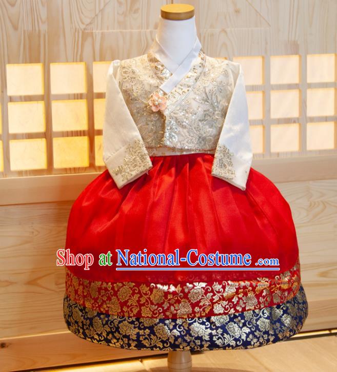 Korean Children Hanbok Clothing Princess Fashion Korea Girl Festival White Shirt and Red Dress Traditional Garment Costumes