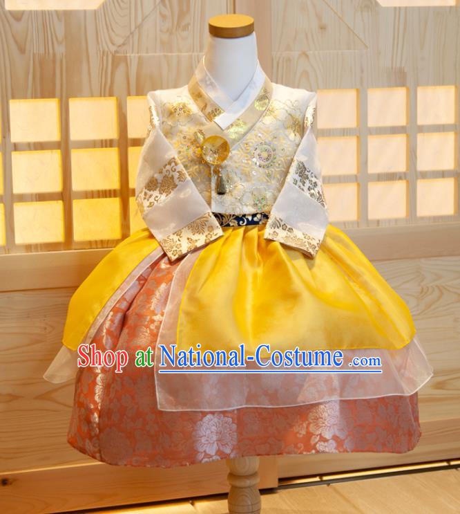 Korean Traditional Garment Costumes Children Hanbok Clothing Princess Fashion Korea Girl Festival White Shirt and Yellow Dress