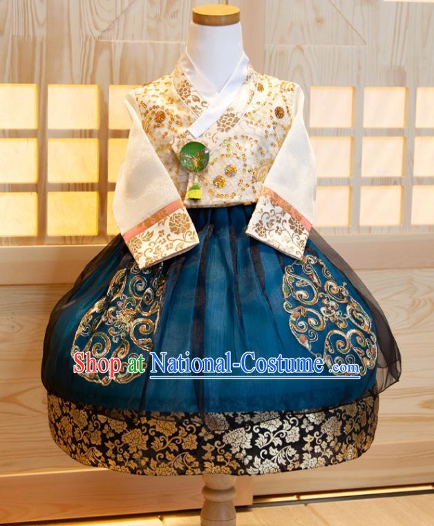 Korea Girl Festival Fashion White Shirt and Blue Dress Korean Traditional Garment Costumes Children Princess Hanbok Clothing