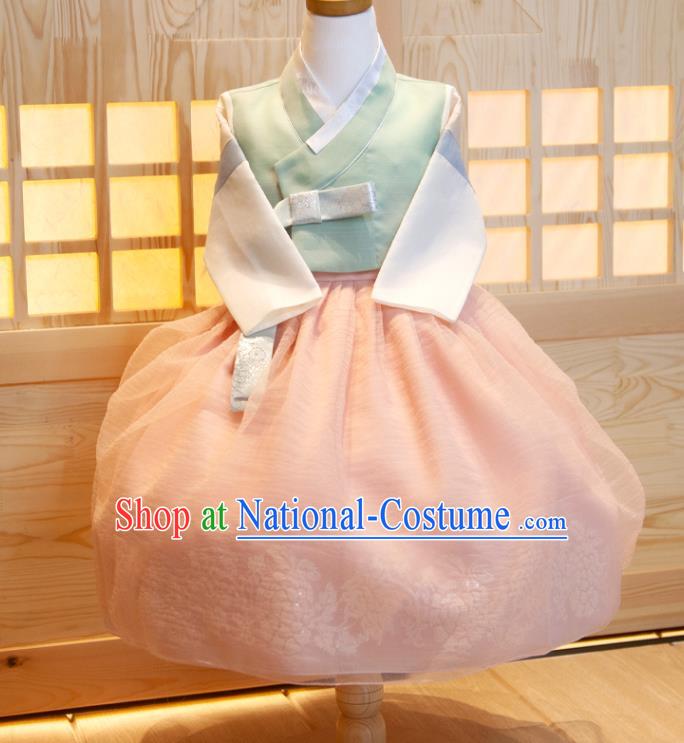 Korean Traditional Garment Costumes Korea Children Princess Hanbok Clothing Girl Festival Fashion Green Shirt and Pink Dress