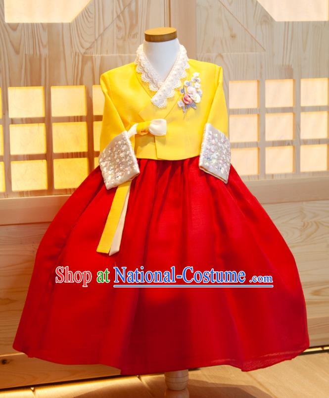 Korea Traditional Garment Costumes Girl Princess Hanbok Clothing Korean Children Festival Fashion Yellow Shirt and Red Dress