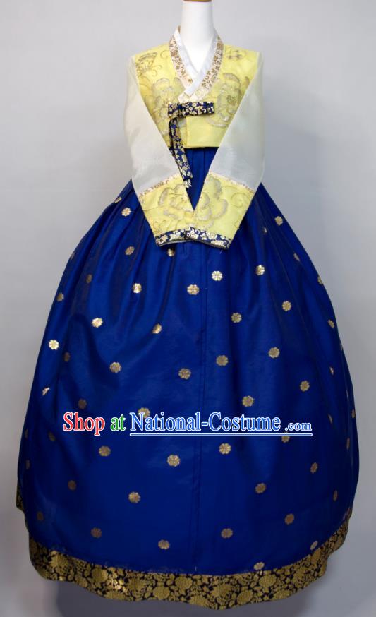 Korean Traditional Wedding Costumes Court Bride Hanbok Festival Ceremony Clothing Woman Fashion Yellow Blouse and Royalblue Dress