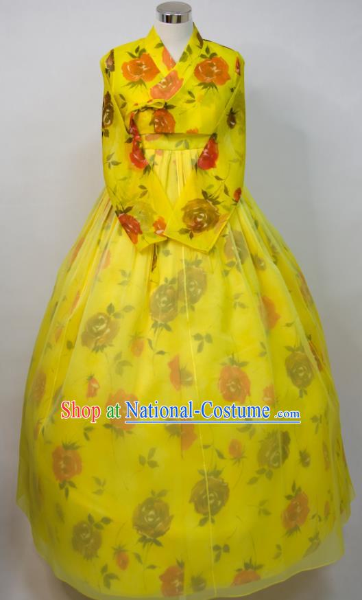 Korean Woman Fashion Printing Yellow Blouse and Dress Traditional Wedding Costumes Court Bride Hanbok Festival Ceremony Clothing