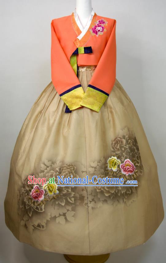 Korean Woman Fashion Embroidered Orange Blouse and Ginger Dress Traditional Wedding Costumes Court Bride Hanbok Festival Ceremony Clothing