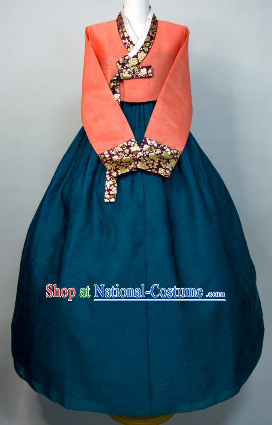 Korean Woman Traditional Fashion Orange Blouse and Navy Dress Wedding Bride Costumes Court Ceremony Hanbok Festival Clothing