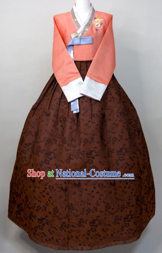 Korean Wedding Bride Costumes Court Ceremony Hanbok Festival Clothing Woman Traditional Fashion Orange Blouse and Brown Dress