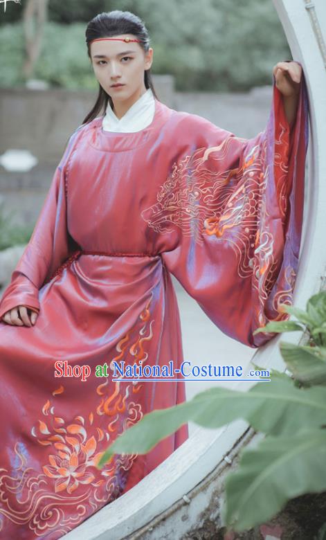 China Ancient Childe Scholar Embroidered Red Hanfu Robe Clothing Traditional Song Dynasty Young Male Historical Garment Costume