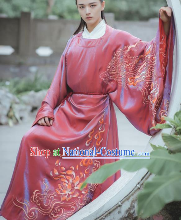 China Ancient Childe Scholar Embroidered Red Hanfu Robe Clothing Traditional Song Dynasty Young Male Historical Garment Costume