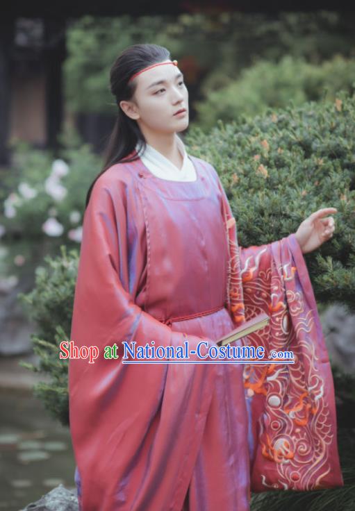 China Ancient Childe Scholar Embroidered Red Hanfu Robe Clothing Traditional Song Dynasty Young Male Historical Garment Costume