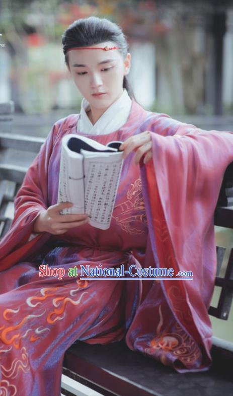 China Ancient Childe Scholar Embroidered Red Hanfu Robe Clothing Traditional Song Dynasty Young Male Historical Garment Costume