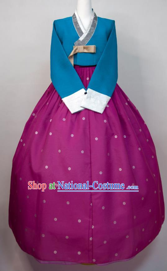 Korean Court Ceremony Hanbok Woman Fashion Blue Blouse and Purple Dress Wedding Bride Costumes Traditional Festival Clothing