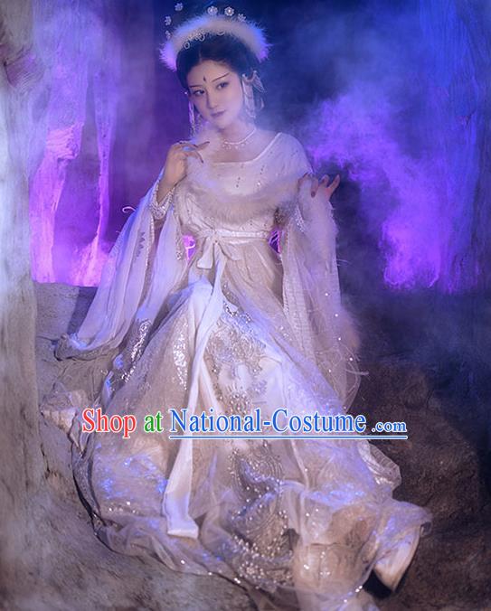 China Ancient Journey to the West Fox Fairy White Hanfu Dress Tang Dynasty Young Beauty Historical Garment Clothing