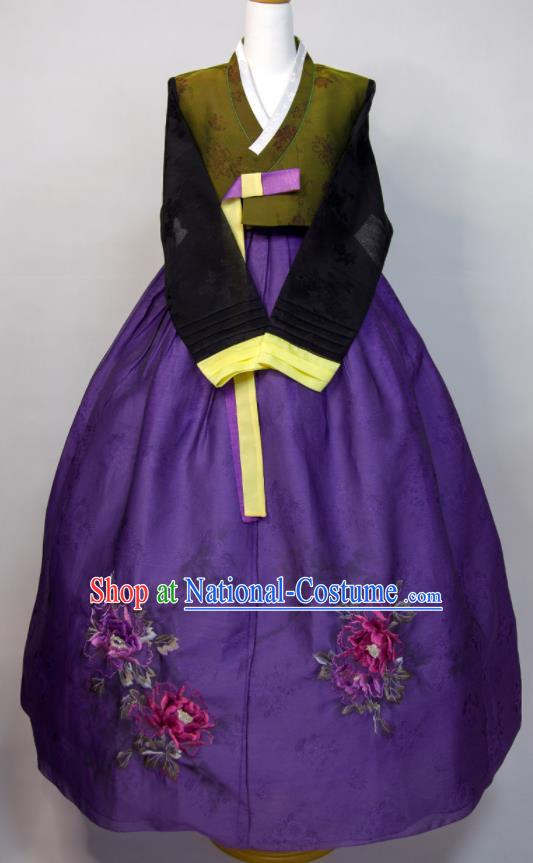 Korean Traditional Festival Clothing Court Ceremony Hanbok Woman Fashion Green Blouse and Purple Dress Wedding Bride Costumes