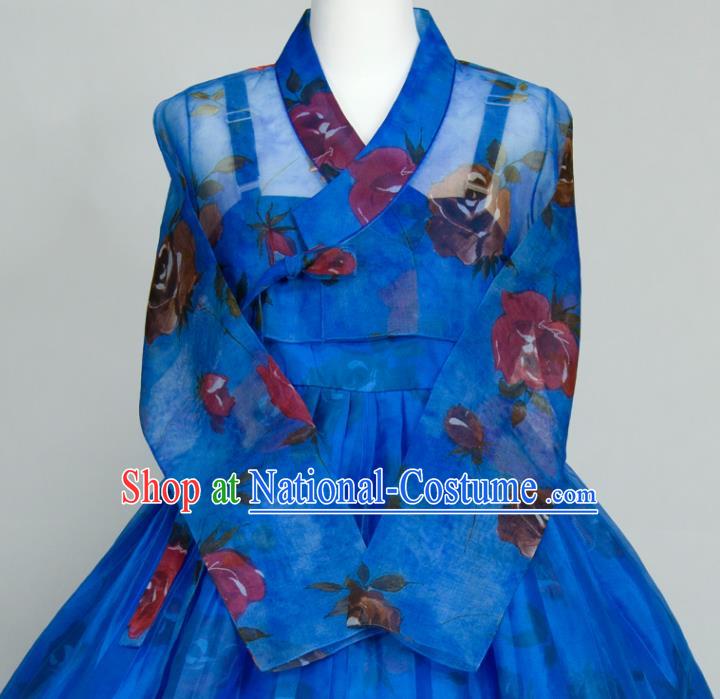 Korean Court Woman Fashion Hanbok Printing Blouse and Blue Dress Wedding Bride Costumes Traditional Festival Clothing