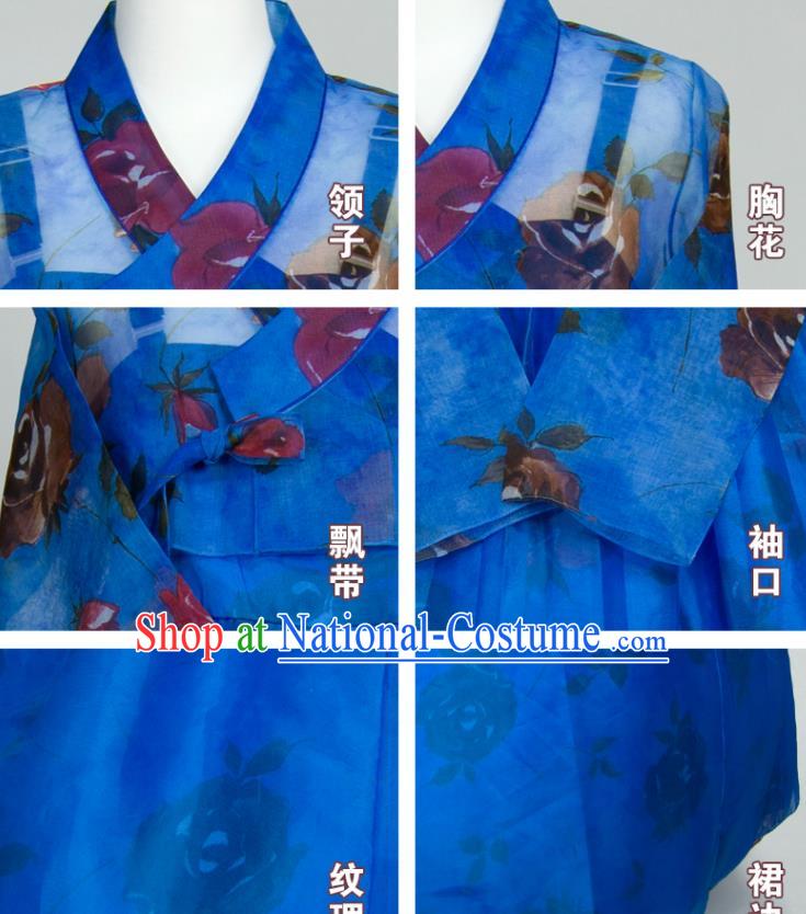 Korean Court Woman Fashion Hanbok Printing Blouse and Blue Dress Wedding Bride Costumes Traditional Festival Clothing