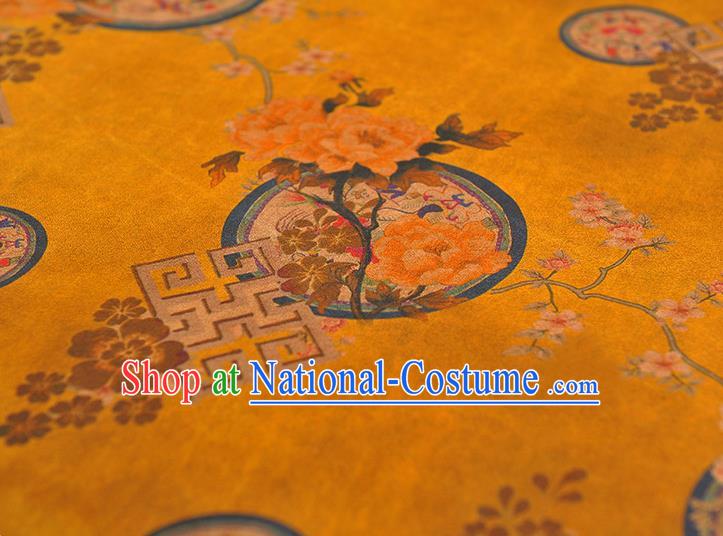 Chinese Cheongsam Cloth Classical Peony Pattern DIY Satin Fabric Silk Fabric Yellow Gambiered Guangdong Gauze