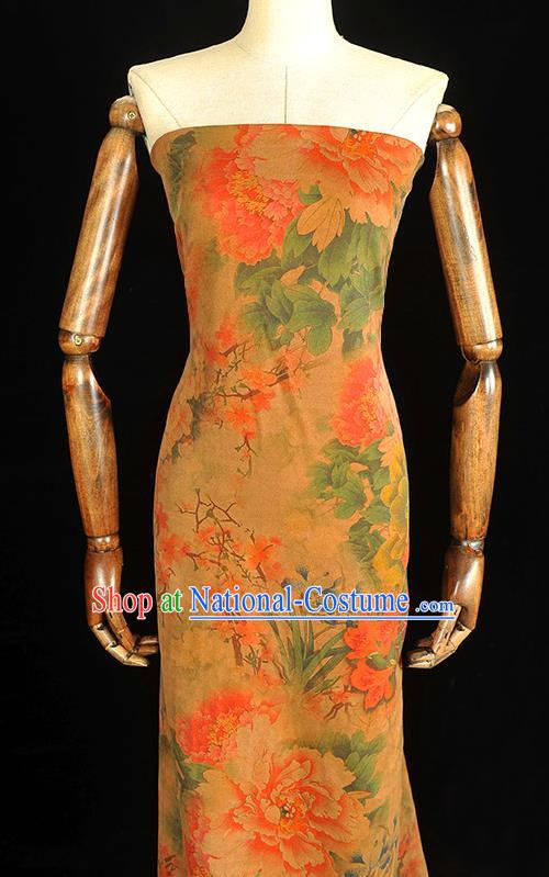 Chinese Ginger Gambiered Guangdong Gauze Cheongsam Silk Cloth Traditional Rich Peony Pattern DIY Dress Fabric