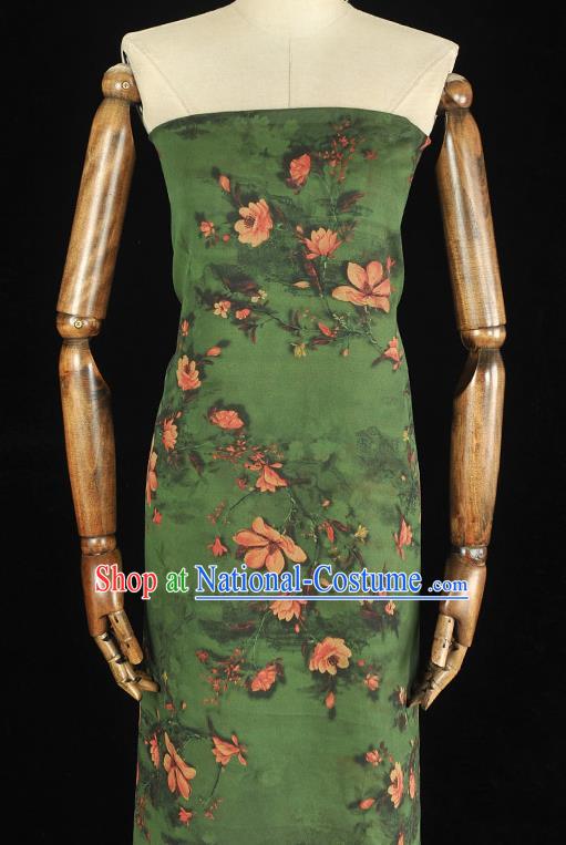 Chinese Deep Green Gambiered Guangdong Gauze Cheongsam Silk Cloth Traditional Mangnolia Pattern DIY Fabric