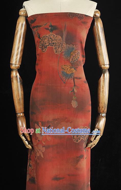 Chinese Traditional Lotus Mangnolia Pattern DIY Dress Fabric Cheongsam Silk Cloth Red Gambiered Guangdong Gauze