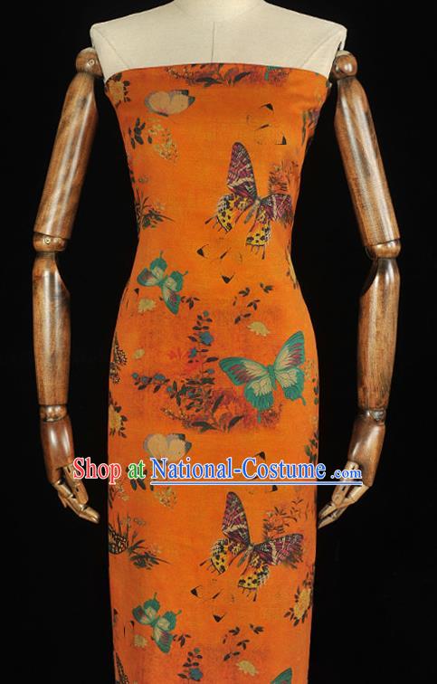 Chinese Traditional Butterfly Pattern Dress Fabric DIY Cheongsam Silk Cloth Orange Gambiered Guangdong Gauze