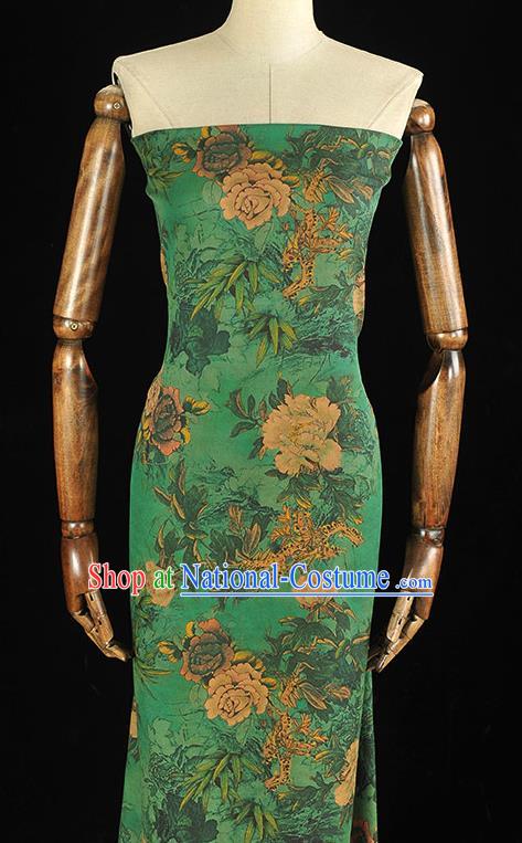 Chinese Traditional Peony Pattern DIY Fabric Green Gambiered Guangdong Gauze Cheongsam Silk Cloth