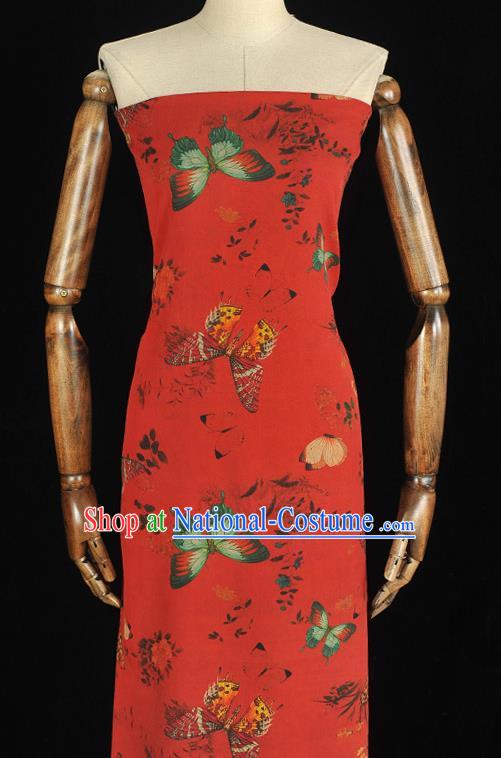 Chinese Red Gambiered Guangdong Gauze Traditional Butterfly Pattern Dress Fabric DIY Cheongsam Silk Cloth