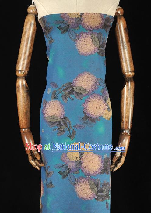 Chinese Silk Cloth Cheongsam Blue Gambiered Guangdong Gauze Traditional Hydrangea Pattern Dress Fabric