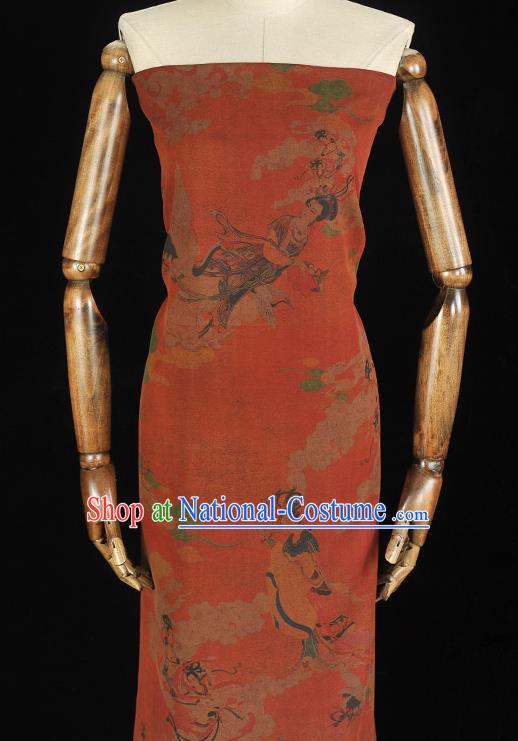 Chinese Cheongsam Rust Red Gambiered Guangdong Gauze Traditional Lingbo Fairy Pattern Dress Fabric Silk Cloth