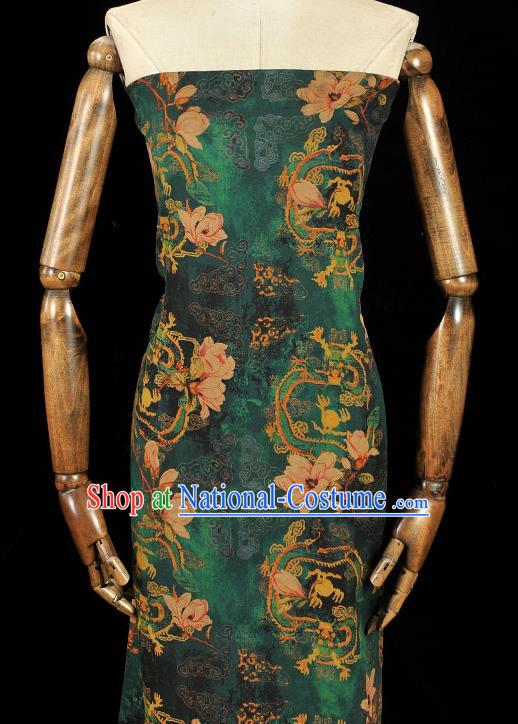 Chinese Traditional Mangnolia Pattern Dress Fabric Cheongsam Silk Cloth Green Gambiered Guangdong Gauze