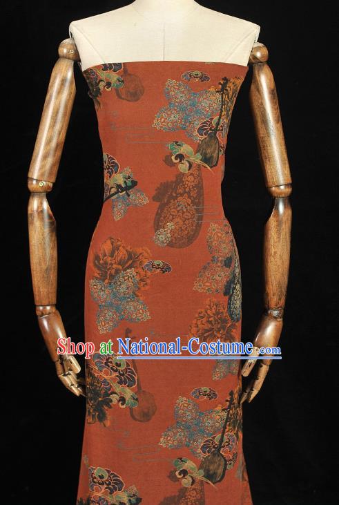 Chinese Traditional Pipa Lute Pattern Dress Fabric Cheongsam Silk Cloth Dark Red Gambiered Guangdong Gauze