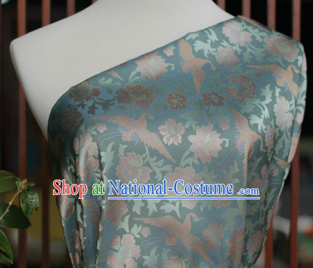 Chinese Traditional Cheongsam Jacquard Drapery Silk Fabric Classical Crane Peony Pattern Brocade Blue Satin Cloth